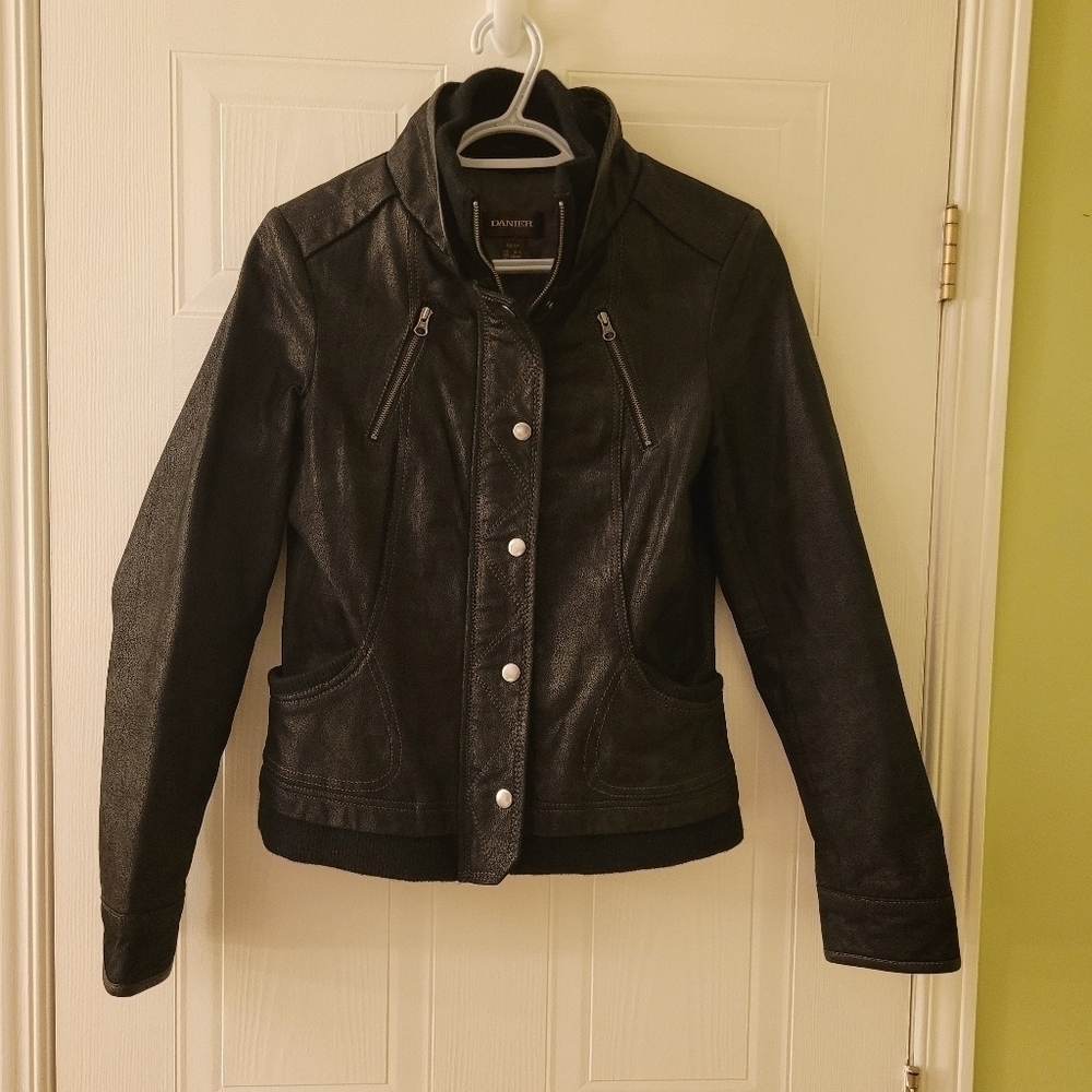 Danier Leather and Wool Moto Black Jacket Biker Style Quilted Lined Womens XS